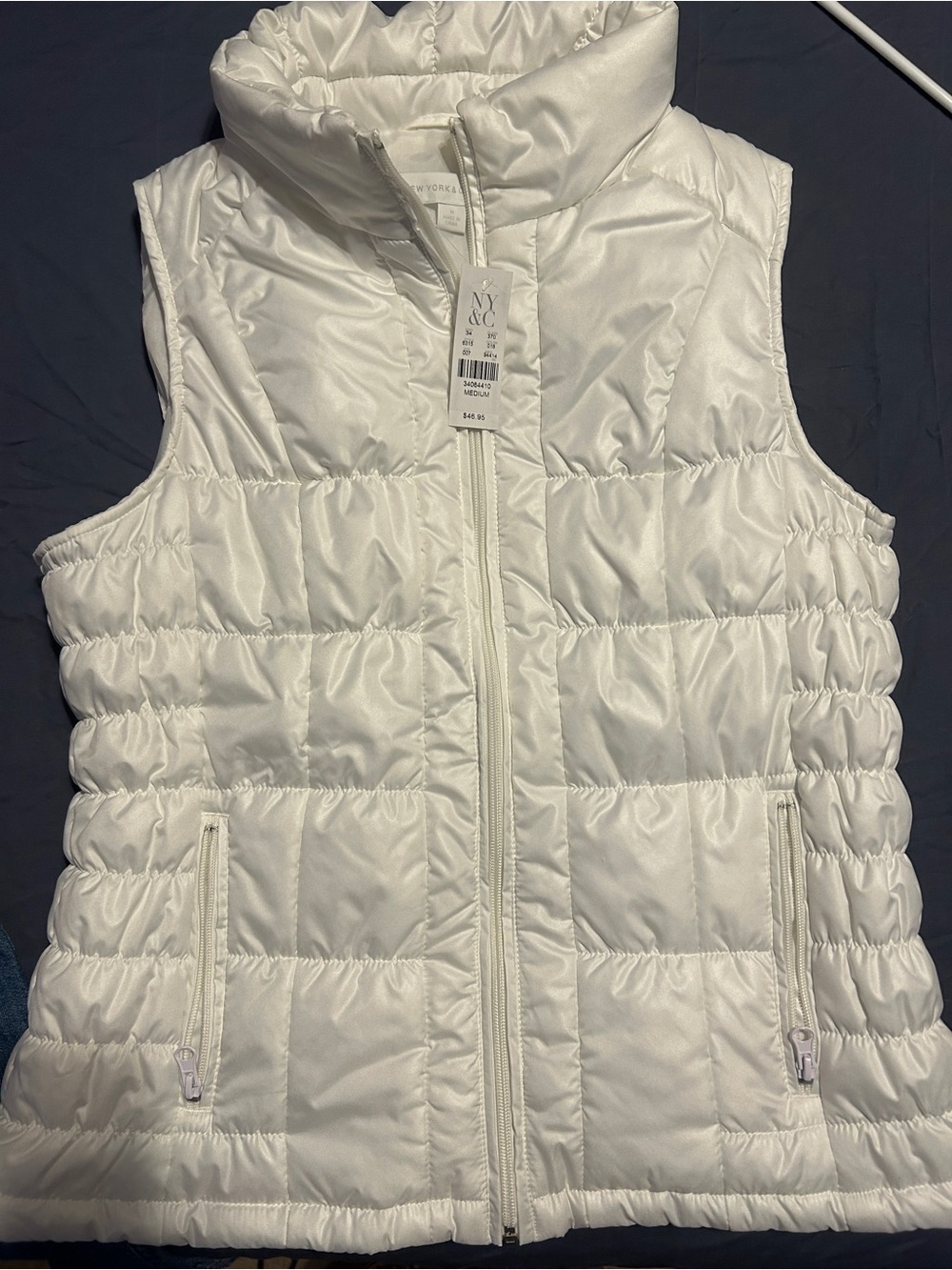 New York & Company White Quilted Puffer Vest with Stand Collar